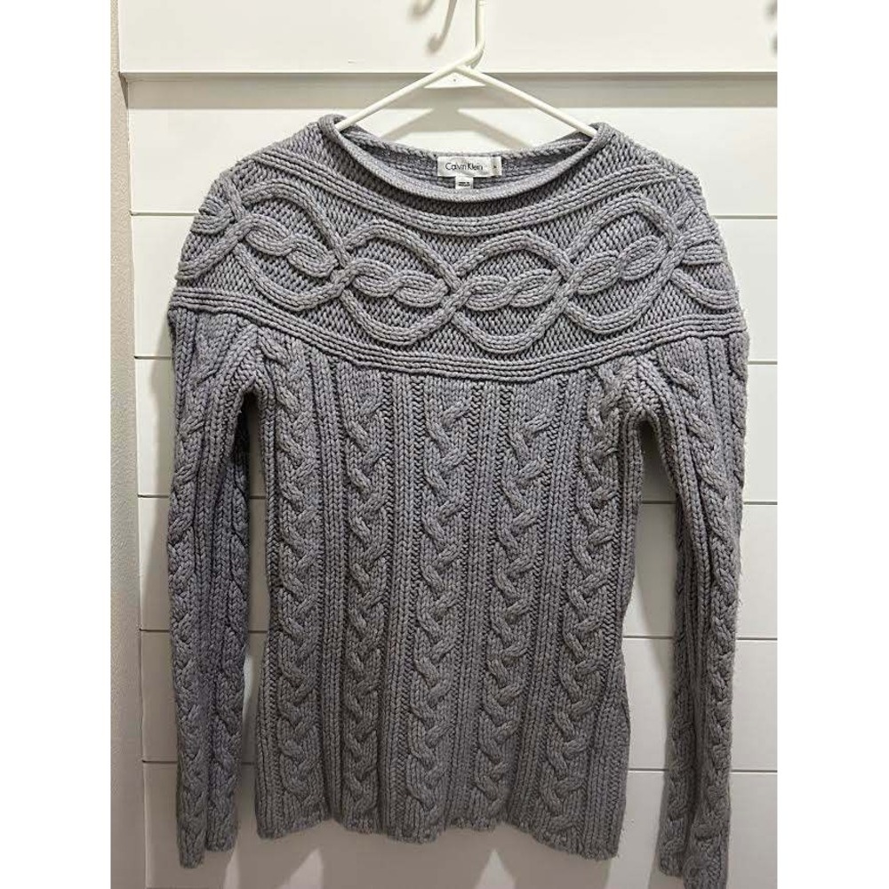 Gray Cable Knit Fisherman Wool Blend Crew Roll Neck Sweater Womens Medium